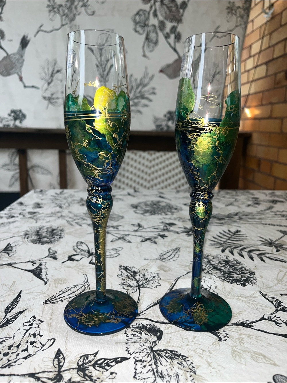 Handcrafted Emerald & Navy Blue Champagne Flutes, Gold Accents made in Romania